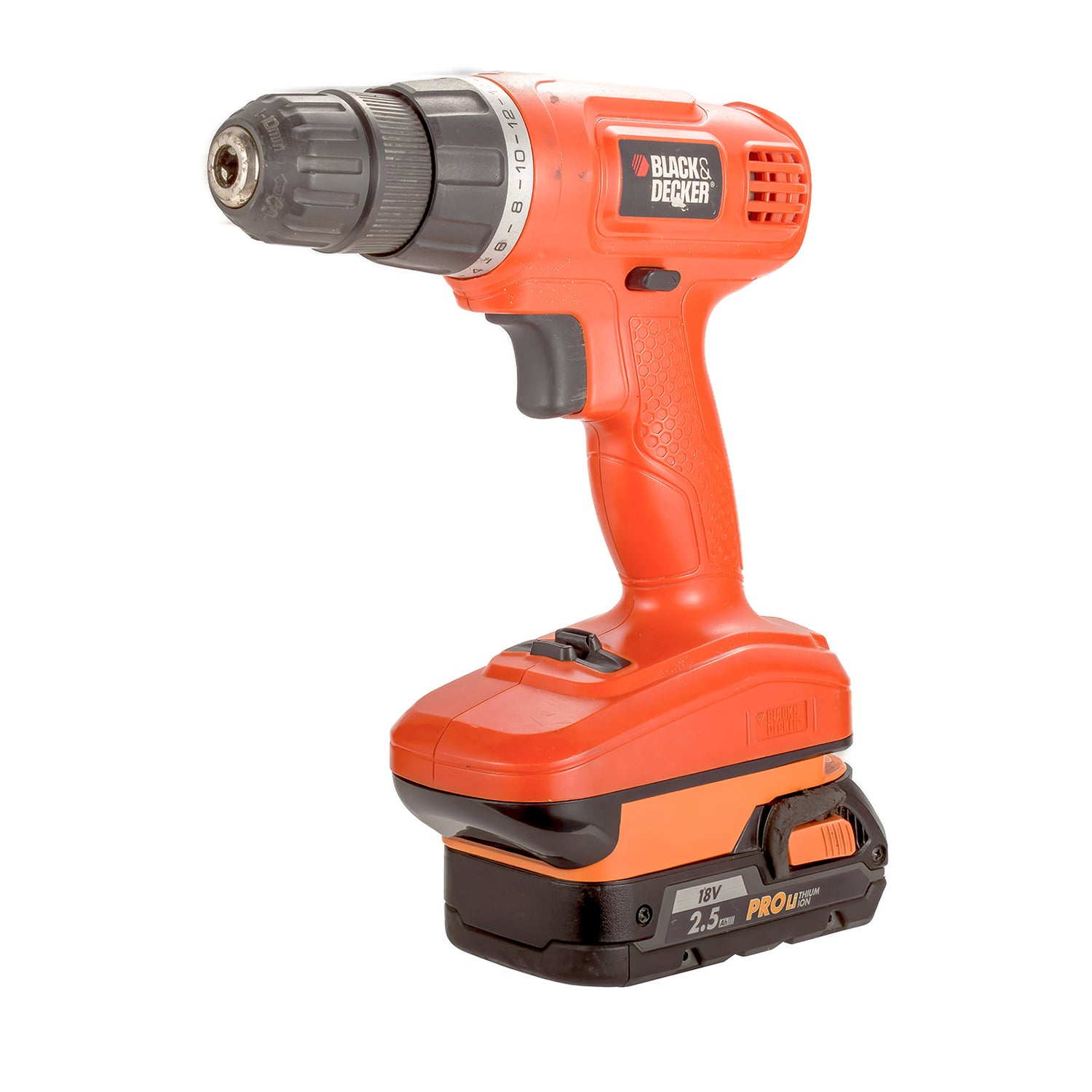 AEG 18V to Black and Decker 18V Ni-Cd battery adapter - installed on a cordless drill with the battery fitted