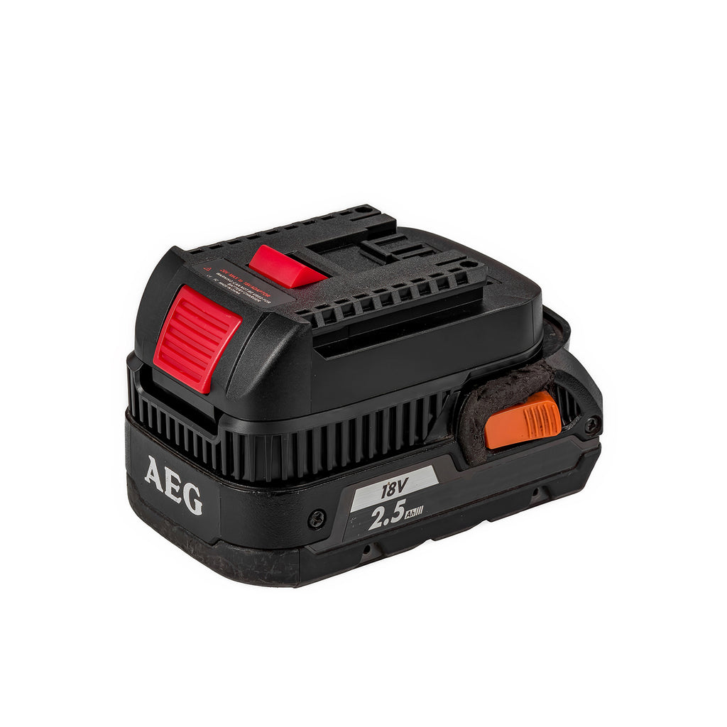 AEG 18V to Bosch 18V GBA (Blue) battery adapter - fitted to the AEG 18V battery, Bosch tool-side rails and the release button