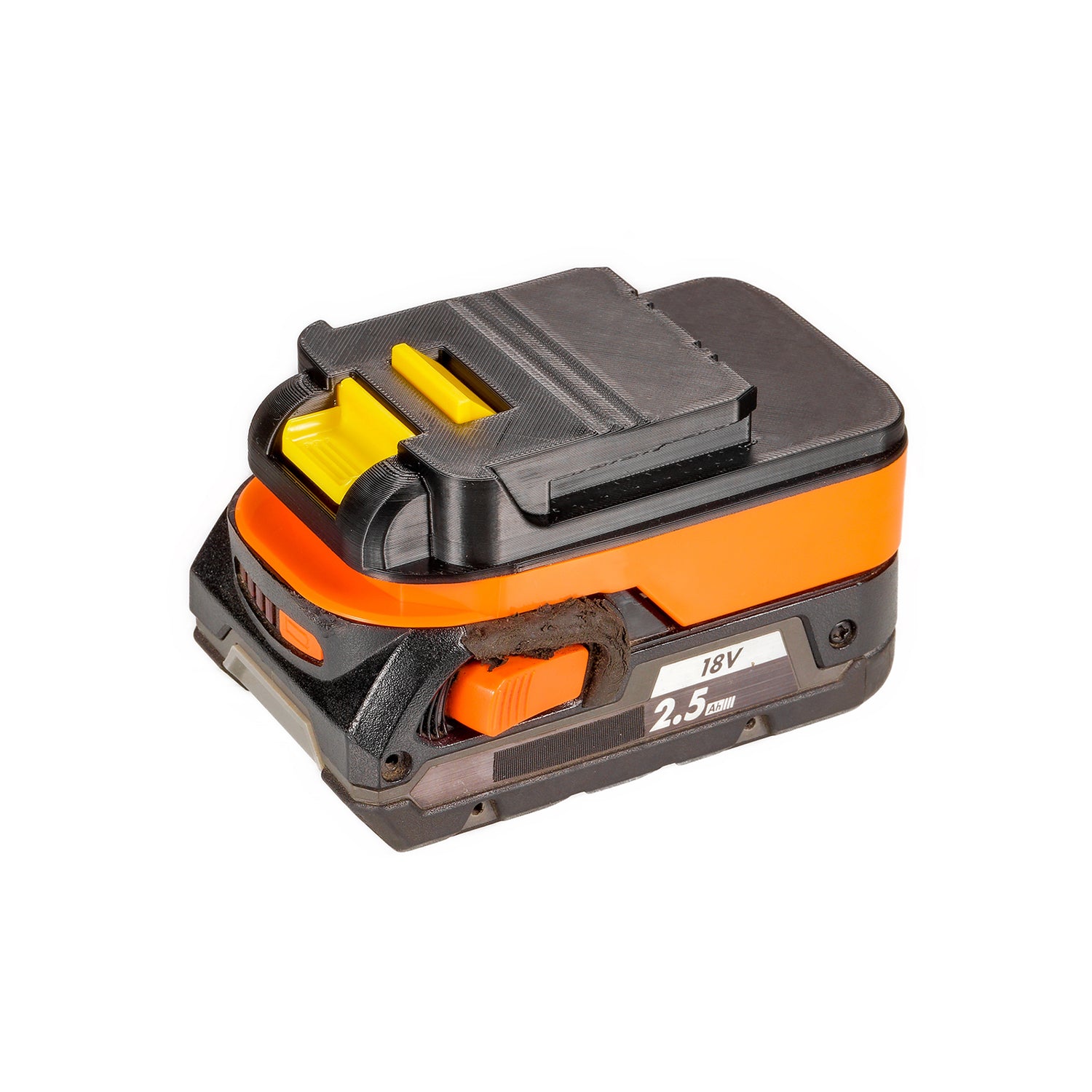 AEG 18V to Chicago Electric 18V battery adapter - Chicago Electric tool-side connection upward, seated on an 18V battery pack