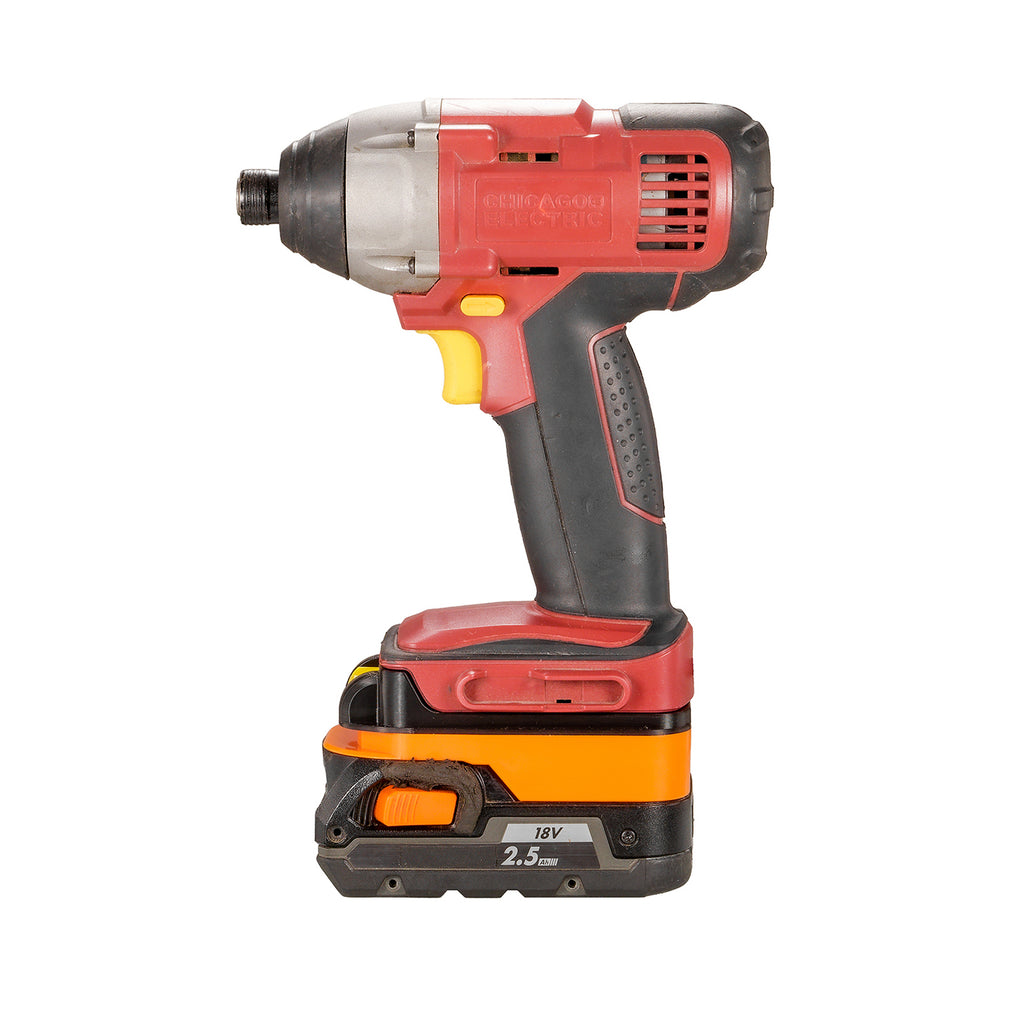 AEG 18V to Chicago Electric 18V battery adapter - impact driver installed on the adapter, seated on an 18V battery pack