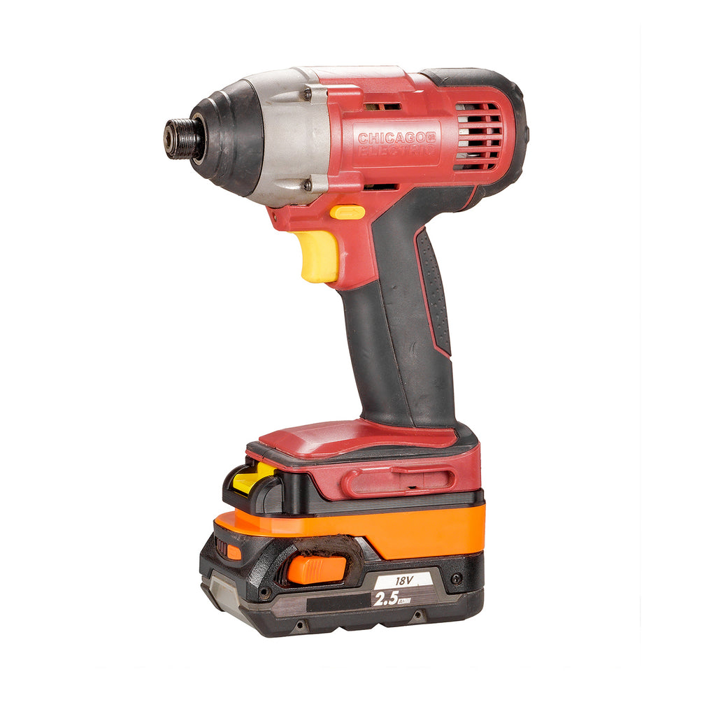 AEG 18V to Chicago Electric 18V battery adapter - impact driver installed on the adapter, seated on an 18V battery pack