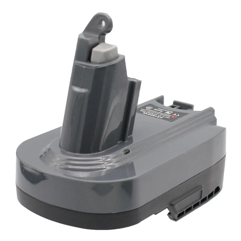 AEG 18V to Dyson V6 battery adapter - Dyson tool-side post with hooked latch and release button above the battery-side base