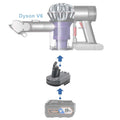 AEG 18V to Dyson V6 battery adapter - compatibility diagram showing battery, adapter and cordless handheld vacuum