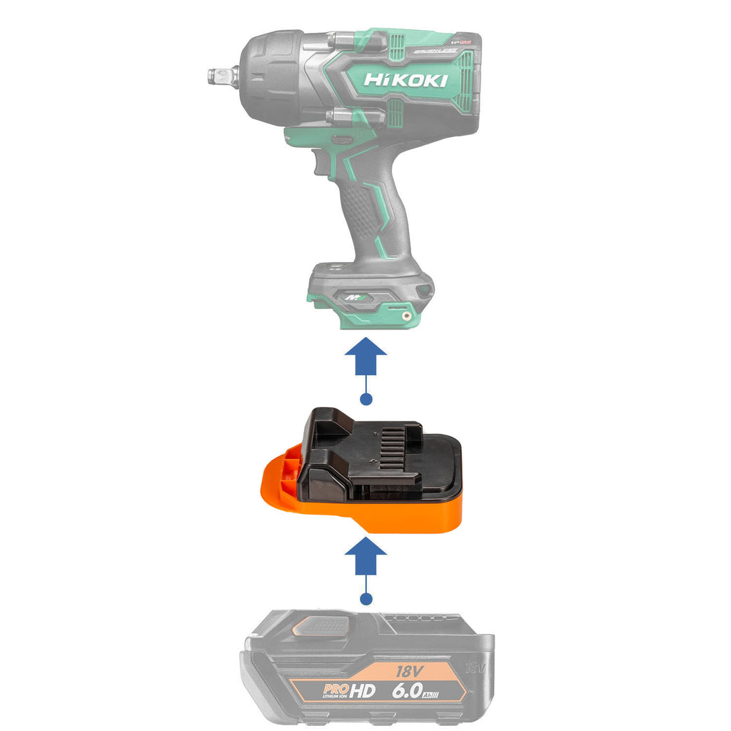 AEG 18V to Hikoki 18V battery adapter - compatibility diagram showing battery, adapter and impact wrench
