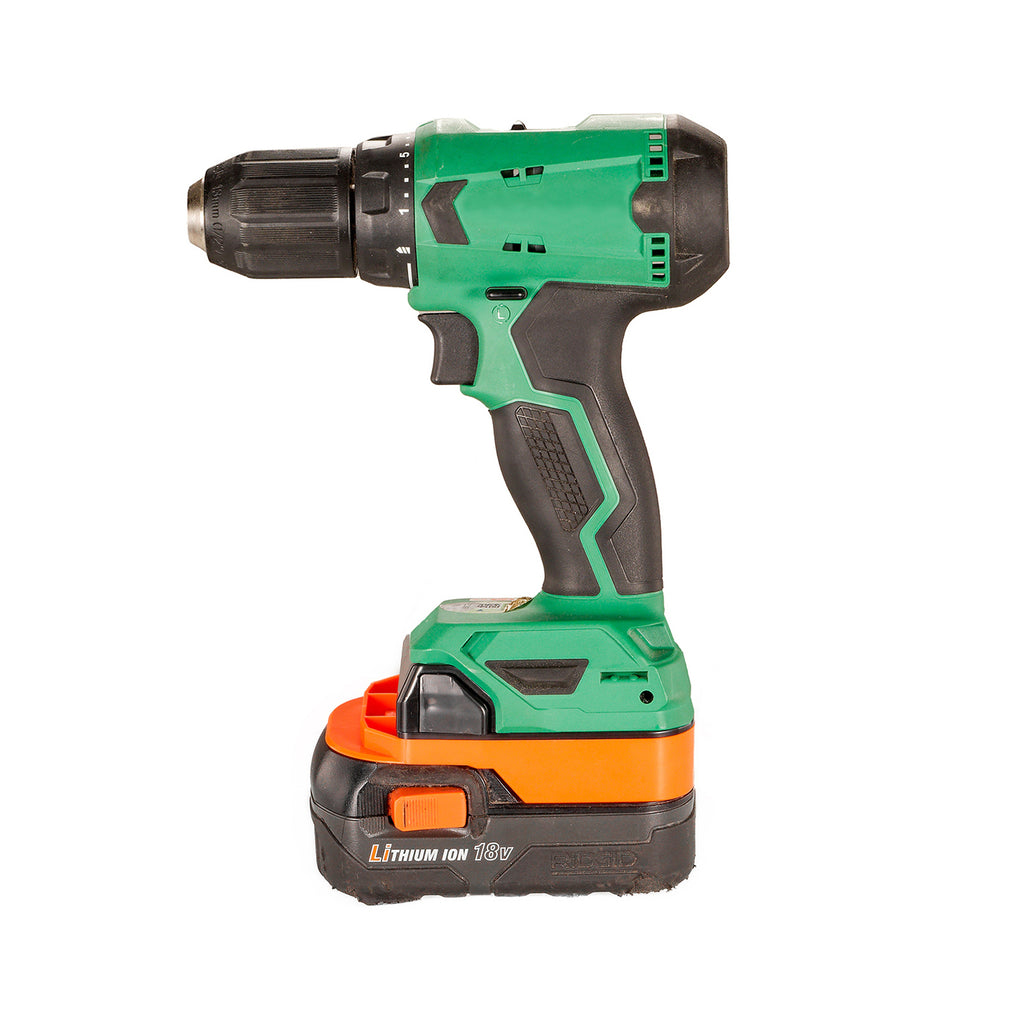 AEG 18V to Hikoki 18V battery adapter - installed on a cordless drill, battery fitted below, side view