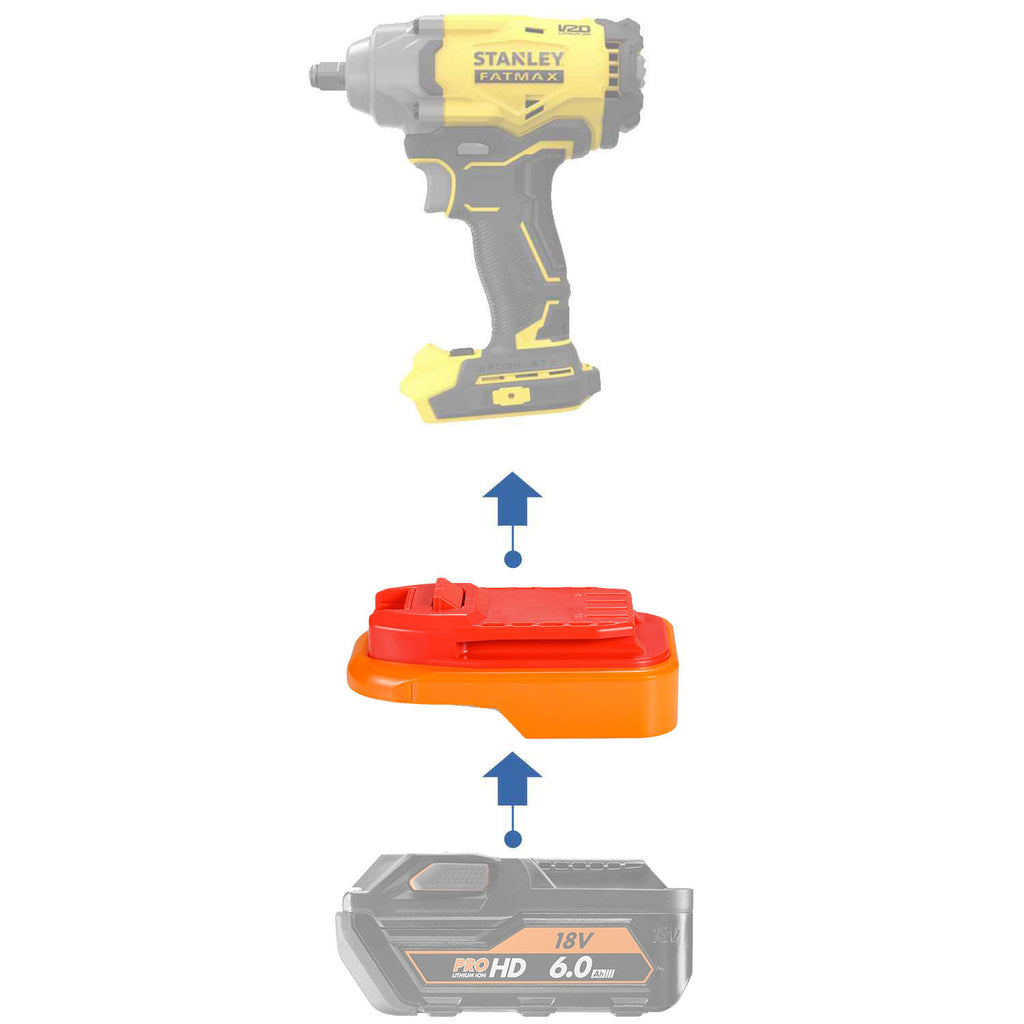 AEG 18V to Stanley V20 battery adapter - compatibility diagram showing battery, adapter and impact wrench