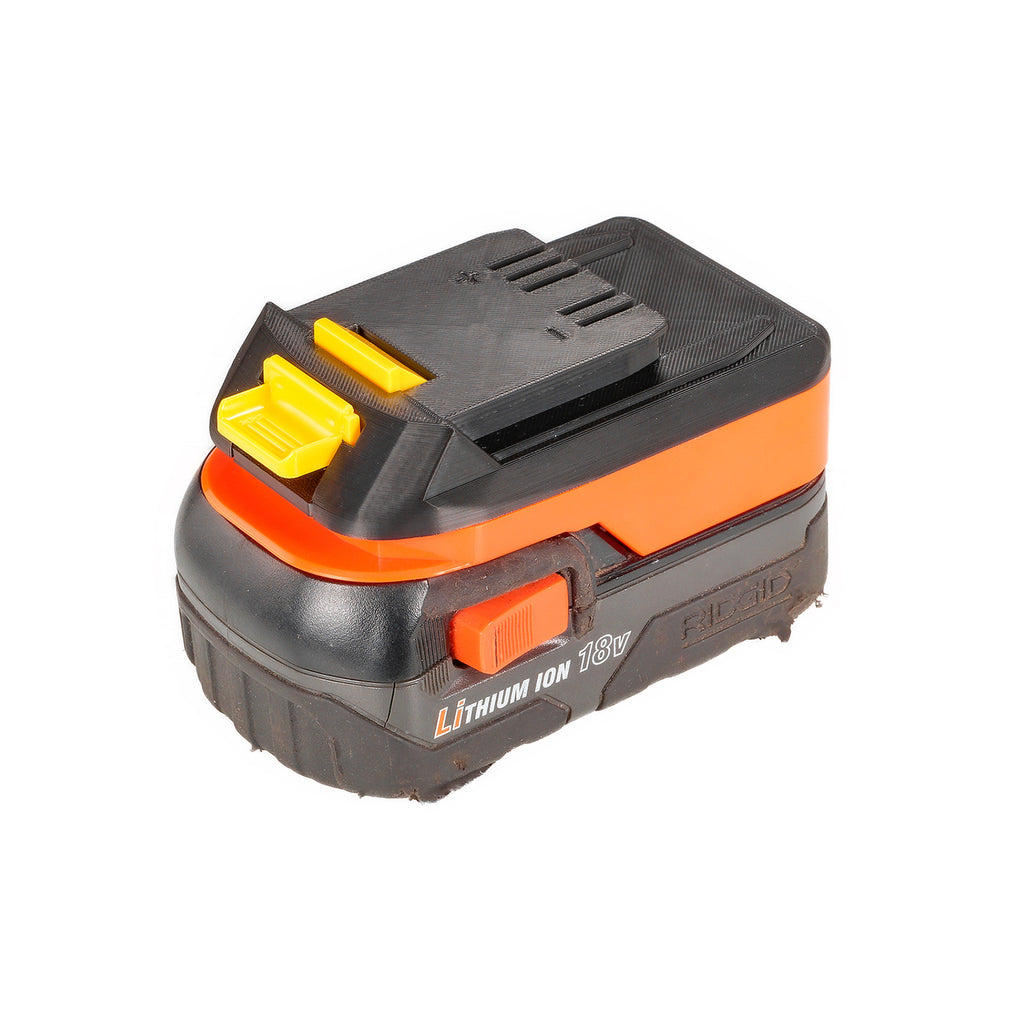 AEG 18V to WEN 20V battery adapter - seated on a battery pack, WEN tool-side connection facing up