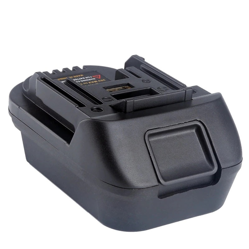 Bauer 20V to RIDGID Plumbing battery adapter - tool-side connection from the opposite end, USB port and a printed label