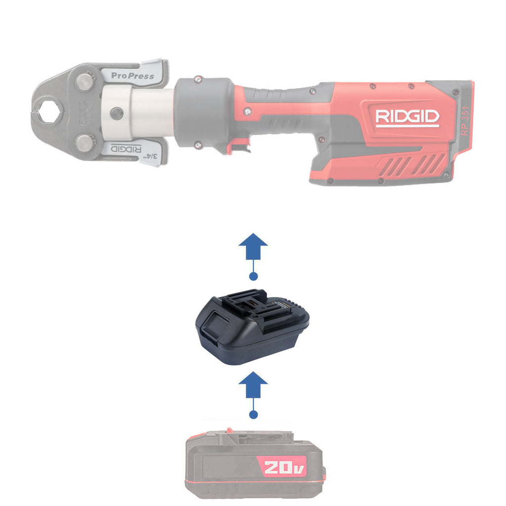 Bauer 20V to RIDGID Plumbing battery adapter - compatibility diagram showing battery, adapter and pipe press tool