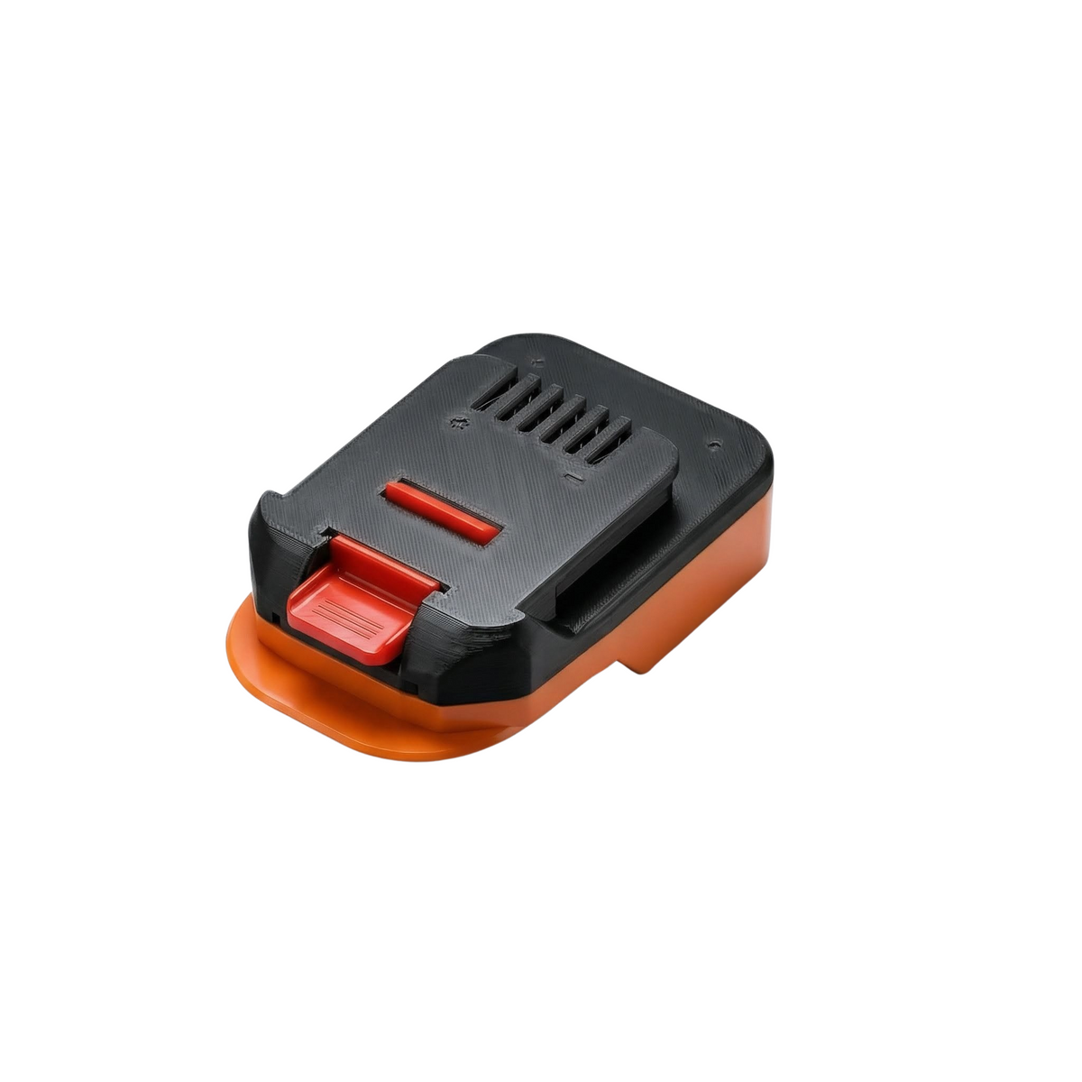 AEG 18V to MacNaught 18V battery adapter - three-quarter view, MacNaught tool-side connection over the orange body