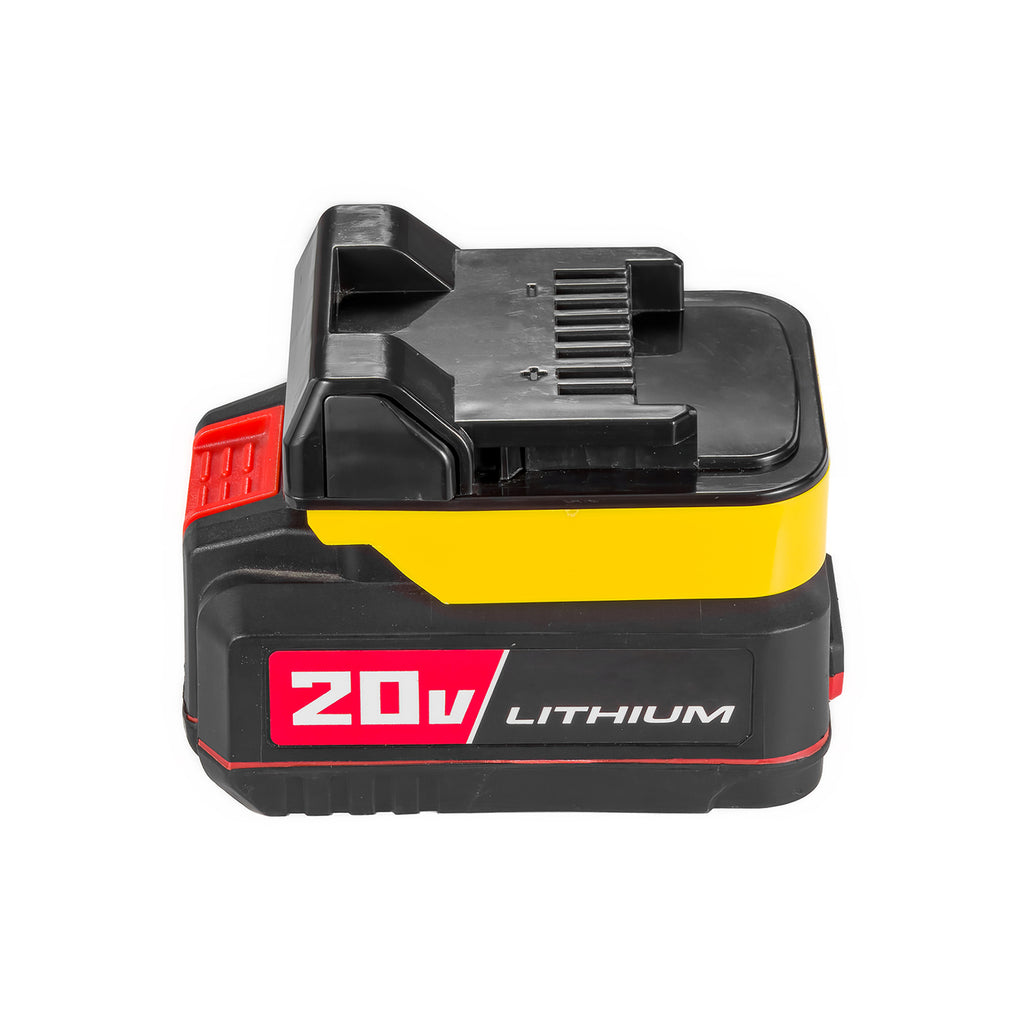 Bauer 20V to Metabo HPT 18V battery adapter - Metabo HPT tool-side connection upward, seated on a battery pack