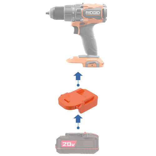 Bauer 20V to RIDGID 18V battery adapter - compatibility diagram showing battery, adapter and drill