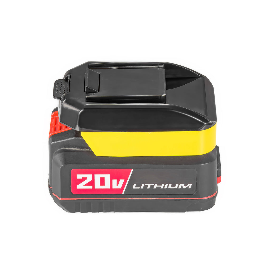 Bauer 20V to WORX 20V PowerShare (Orange) battery adapter - seated on a battery pack, WORX tool-side connection upward