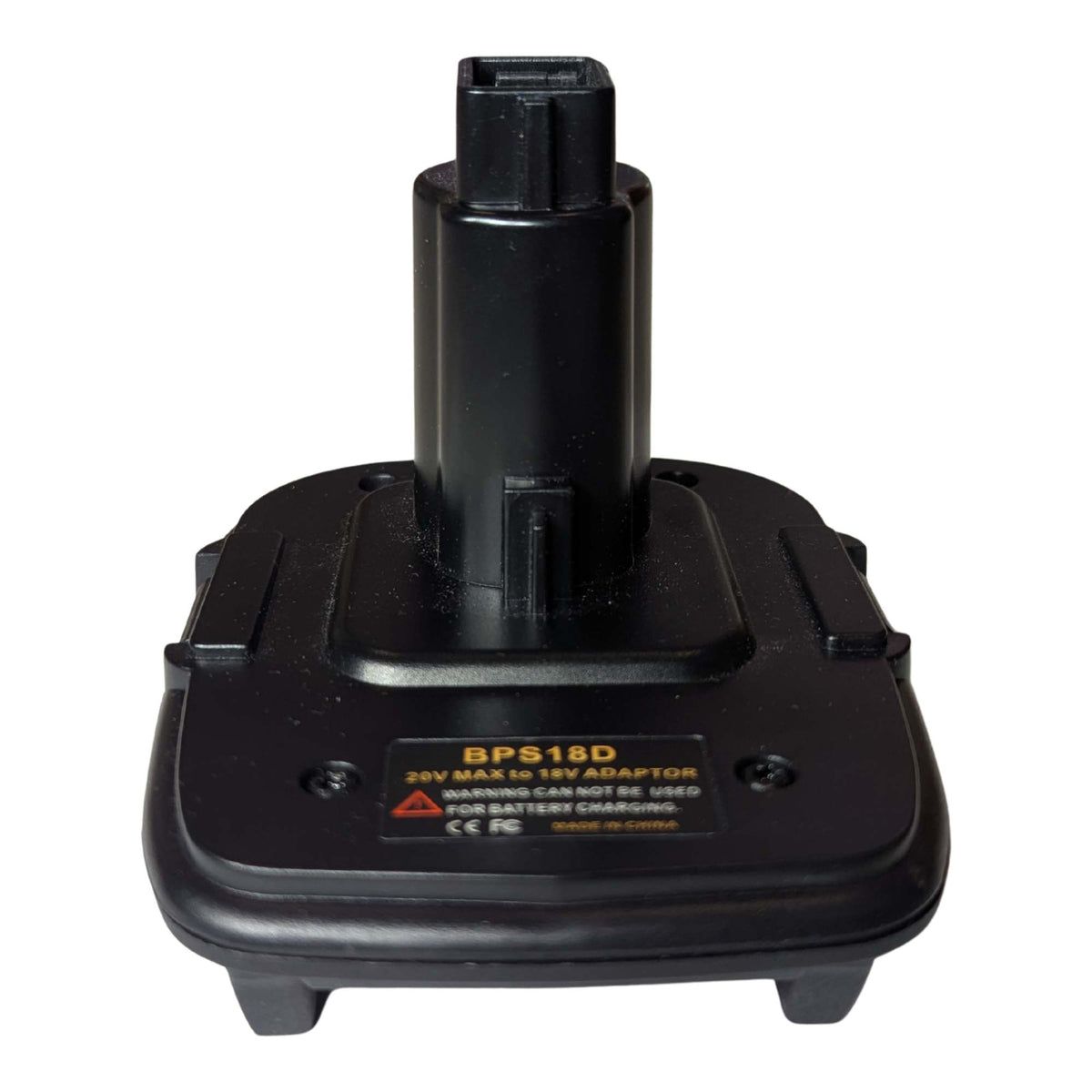 Black and Decker 20V to DeWalt 18V Ni-Cd battery adapter - front view with the tool-side post above the body
