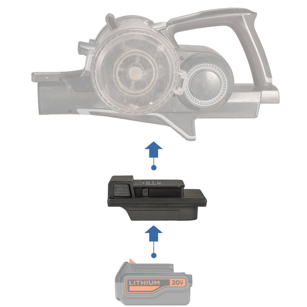 Black and Decker 20V to Hoover 20V ONEPWR battery adapter - compatibility diagram showing battery, adapter and stick vacuum