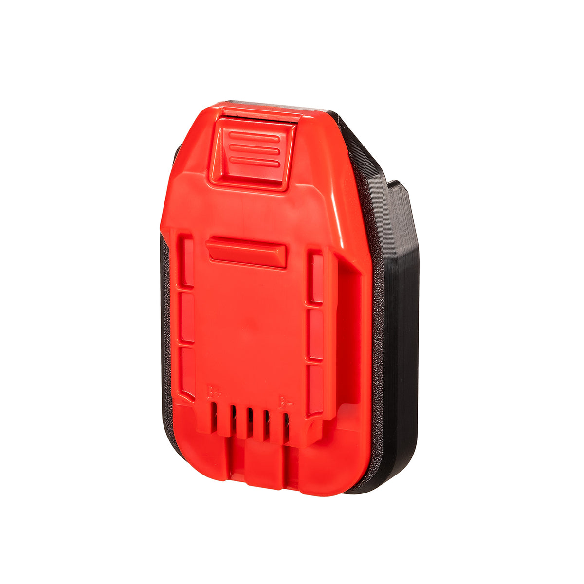 Bosch 18V GBA (Blue) to Bauer 20V battery adapter - Bauer tool-side connection with moulded polarity marks and the release