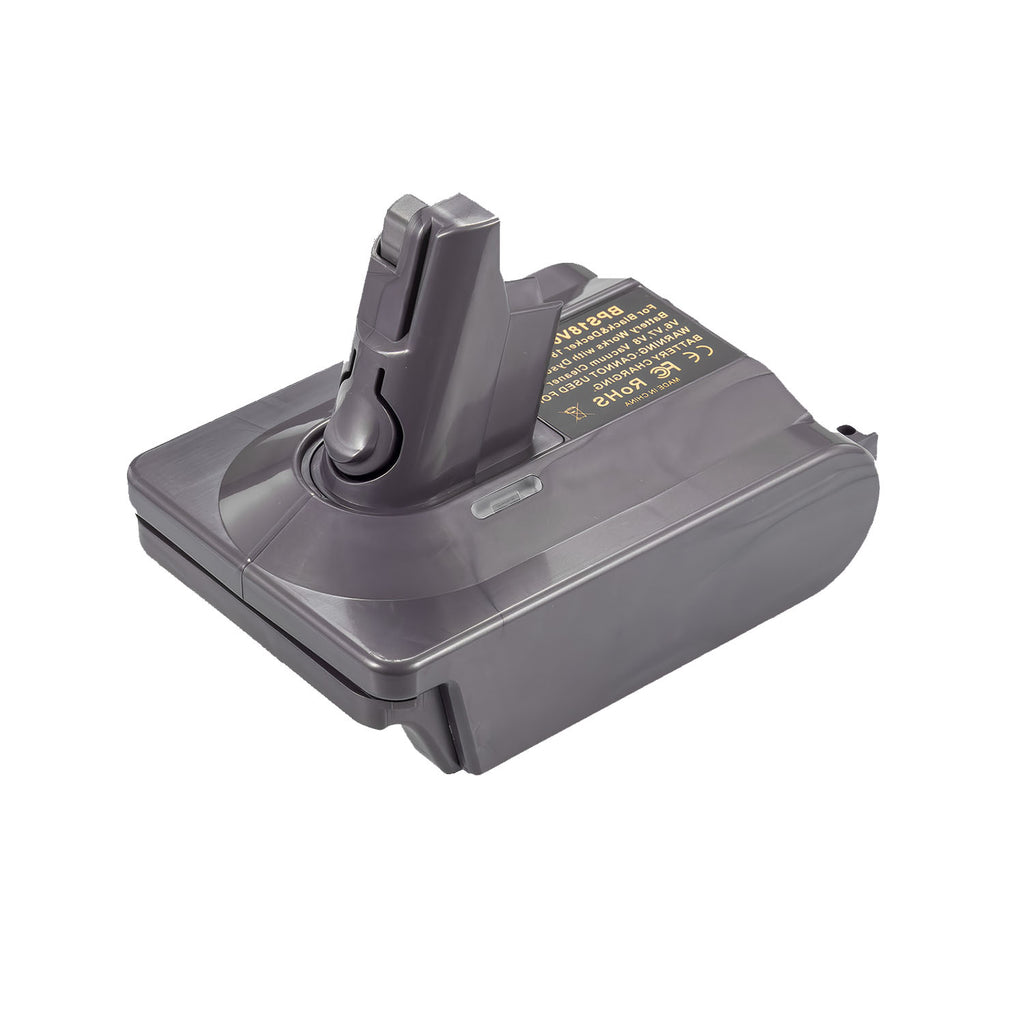 Bosch 18V GBA (Blue) to Dyson V8 battery adapter - three-quarter view with the tool-side post upward