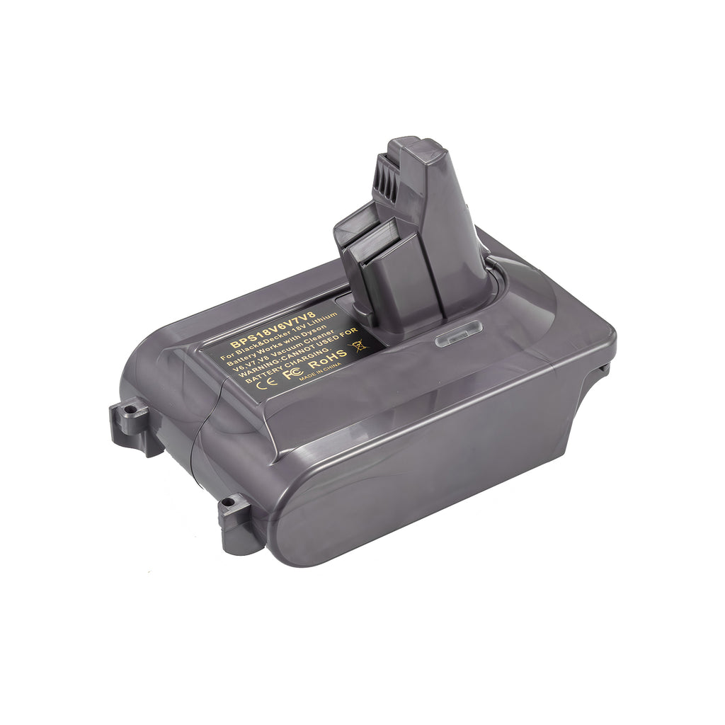 Bosch 18V GBA (Blue) to Dyson V8 battery adapter - three-quarter view with the tool-side post upward
