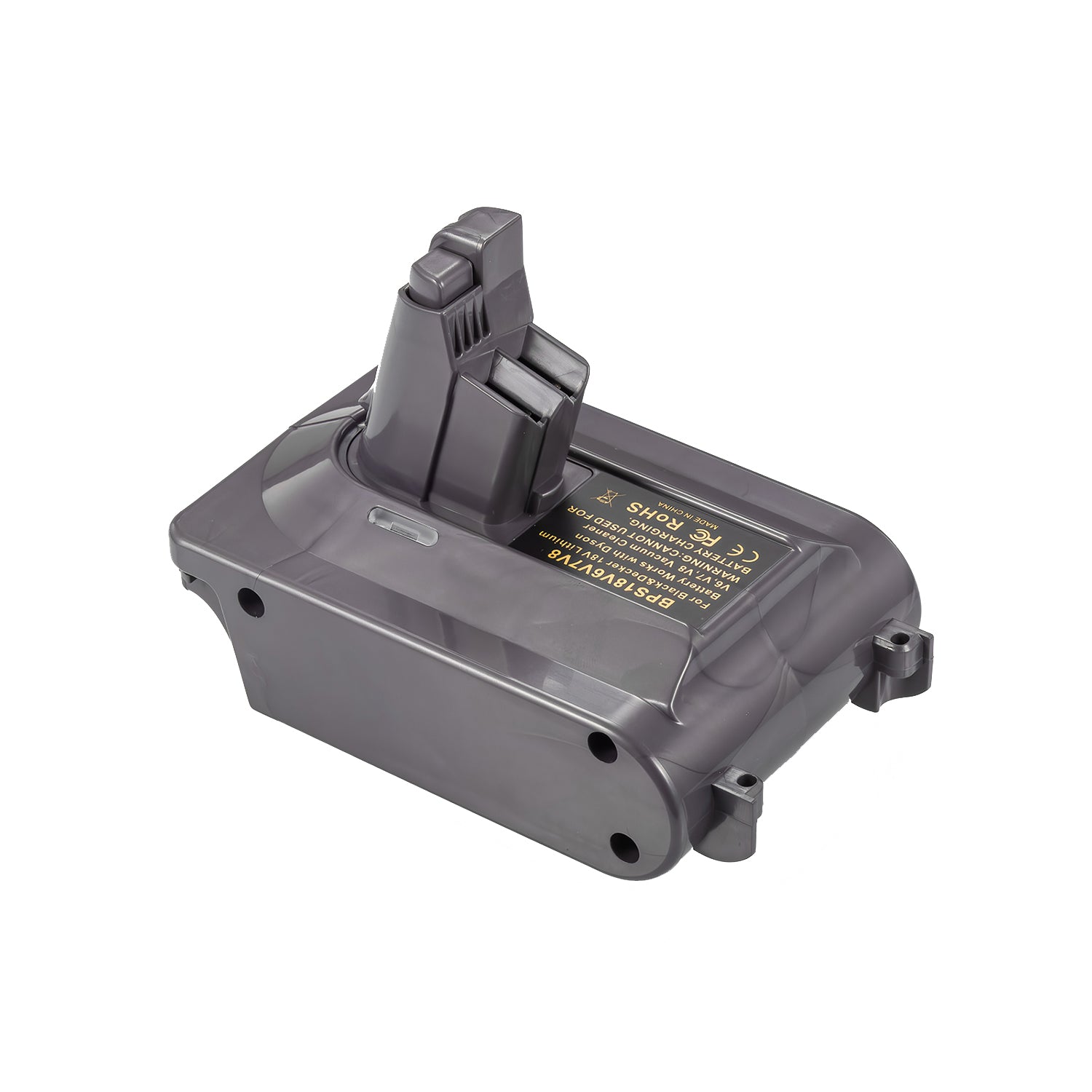 Bosch 18V GBA (Blue) to Dyson V8 battery adapter - three-quarter view with the tool-side post upward