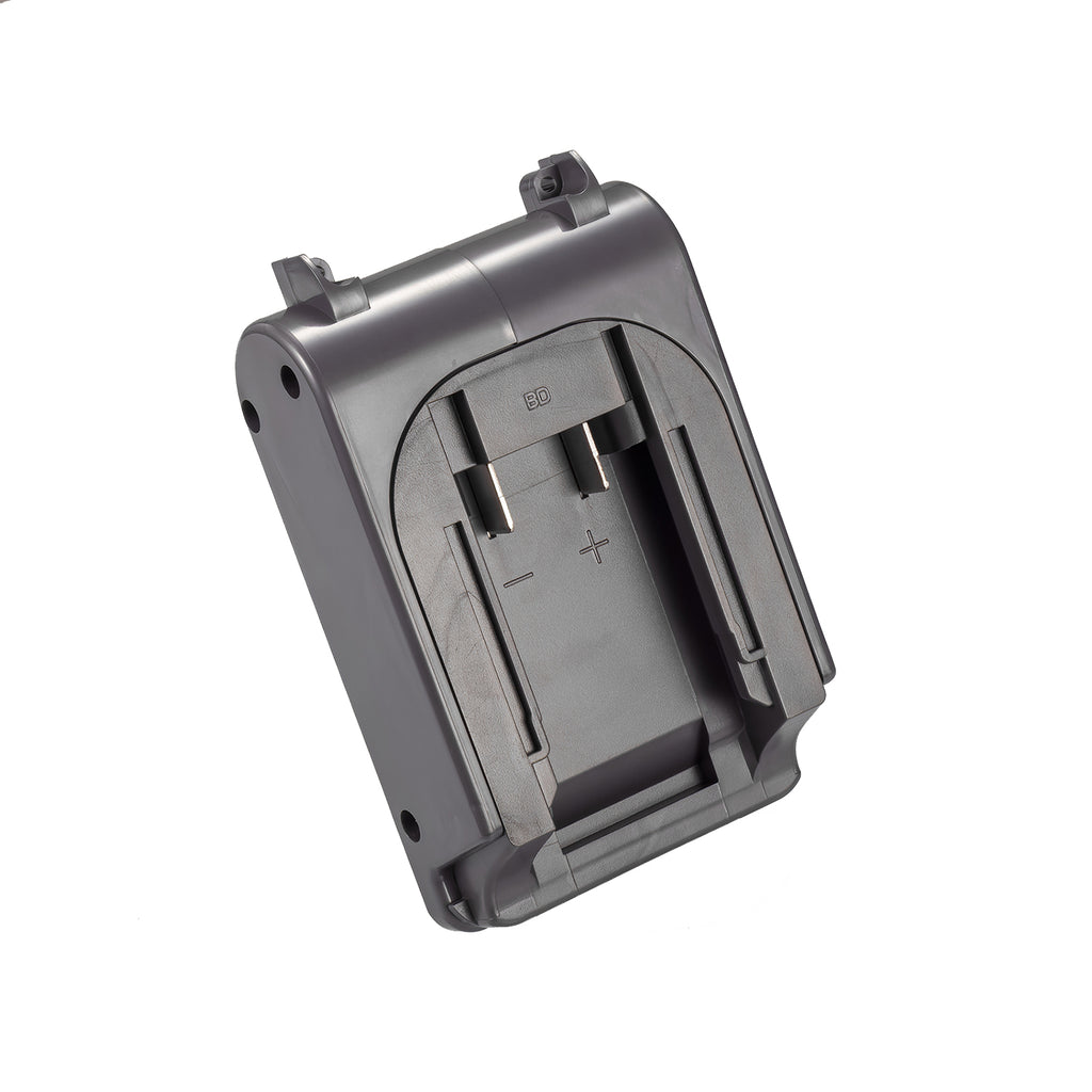 Bosch 18V GBA (Blue) to Dyson V8 battery adapter - battery-side connection with twin copper blades and polarity marks