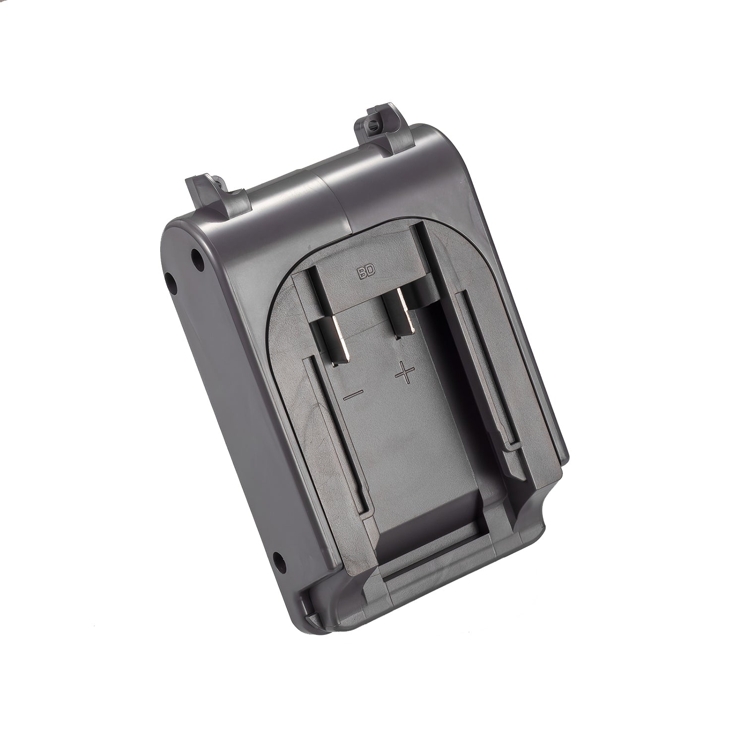 Bosch 18V GBA (Blue) to Dyson V8 battery adapter - battery-side connection with twin copper blades and polarity marks