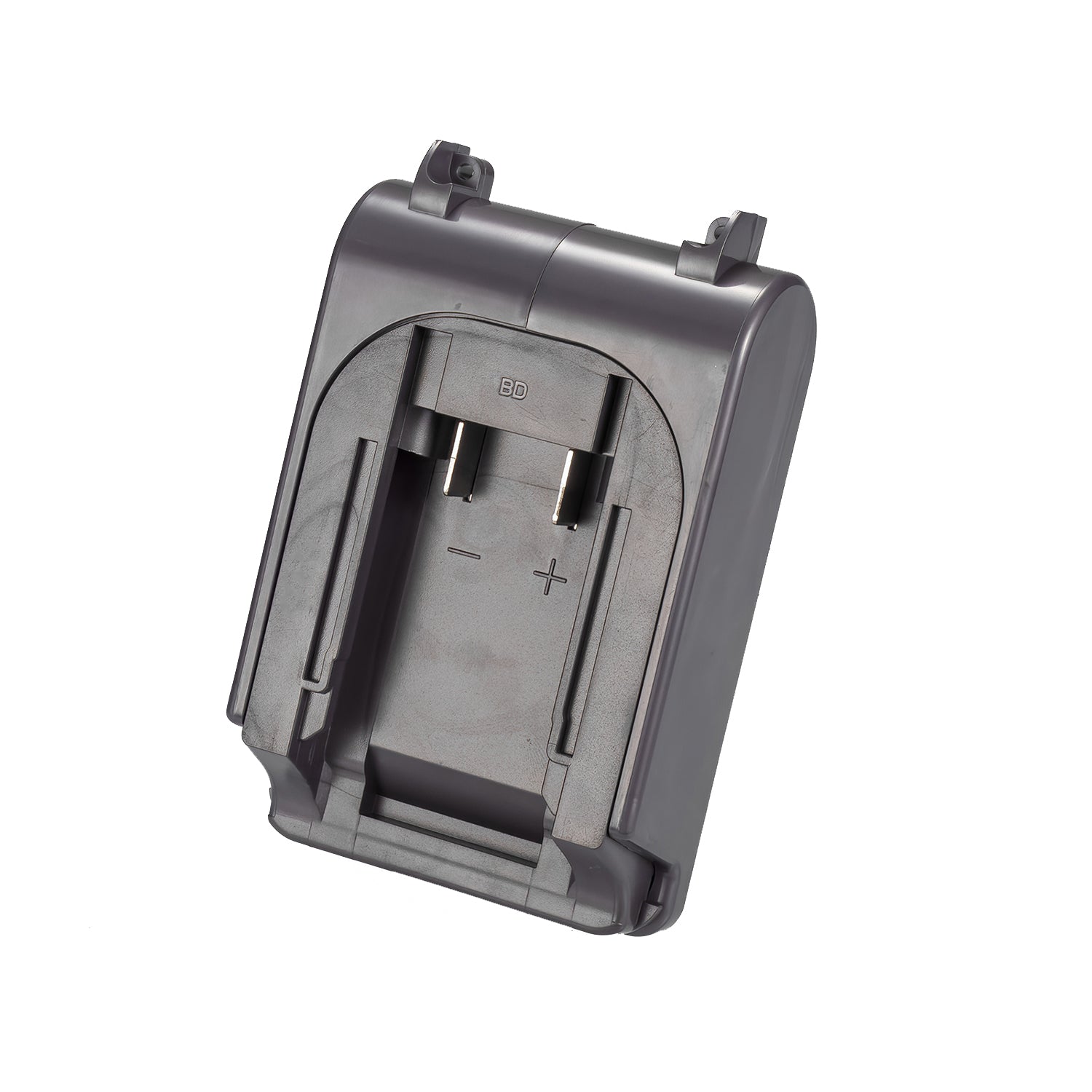 Bosch 18V GBA (Blue) to Dyson V8 battery adapter - battery-side connection with twin copper blades and polarity marks