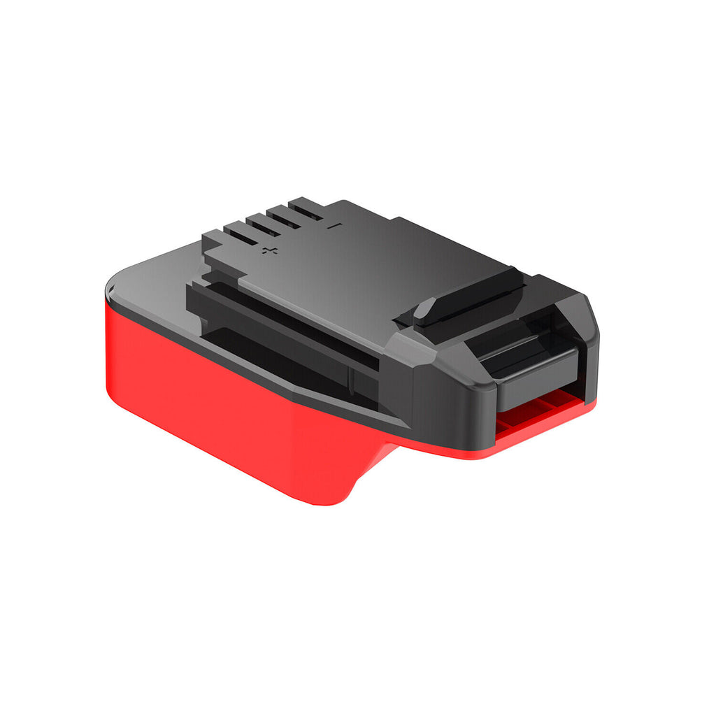 Craftsman 20V to Black and Decker 20V battery adapter - three-quarter view, tool-side connection uppermost over the red body