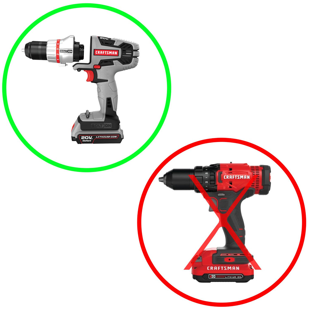 Craftsman 20V to Craftsman 20V Bolt-On battery adapter - compatibility graphic with a cordless drill and its pack fitted