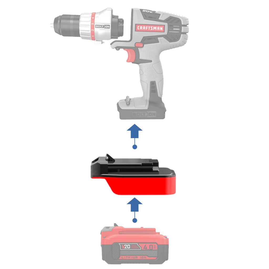 Craftsman 20V to Craftsman 20V Bolt-On battery adapter - compatibility diagram showing battery, adapter and drill driver