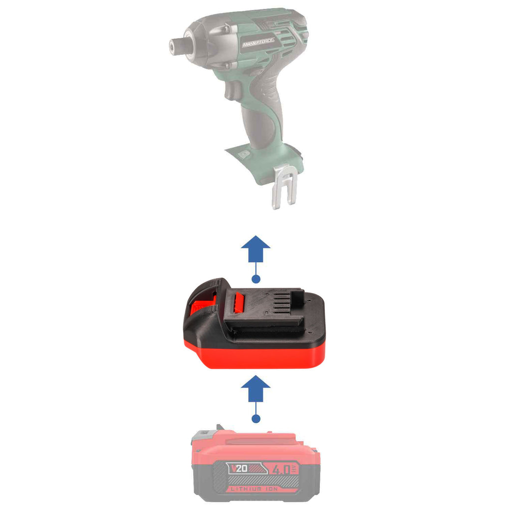Craftsman 20V to Masterforce 20V battery adapter - compatibility diagram showing battery, adapter and impact driver