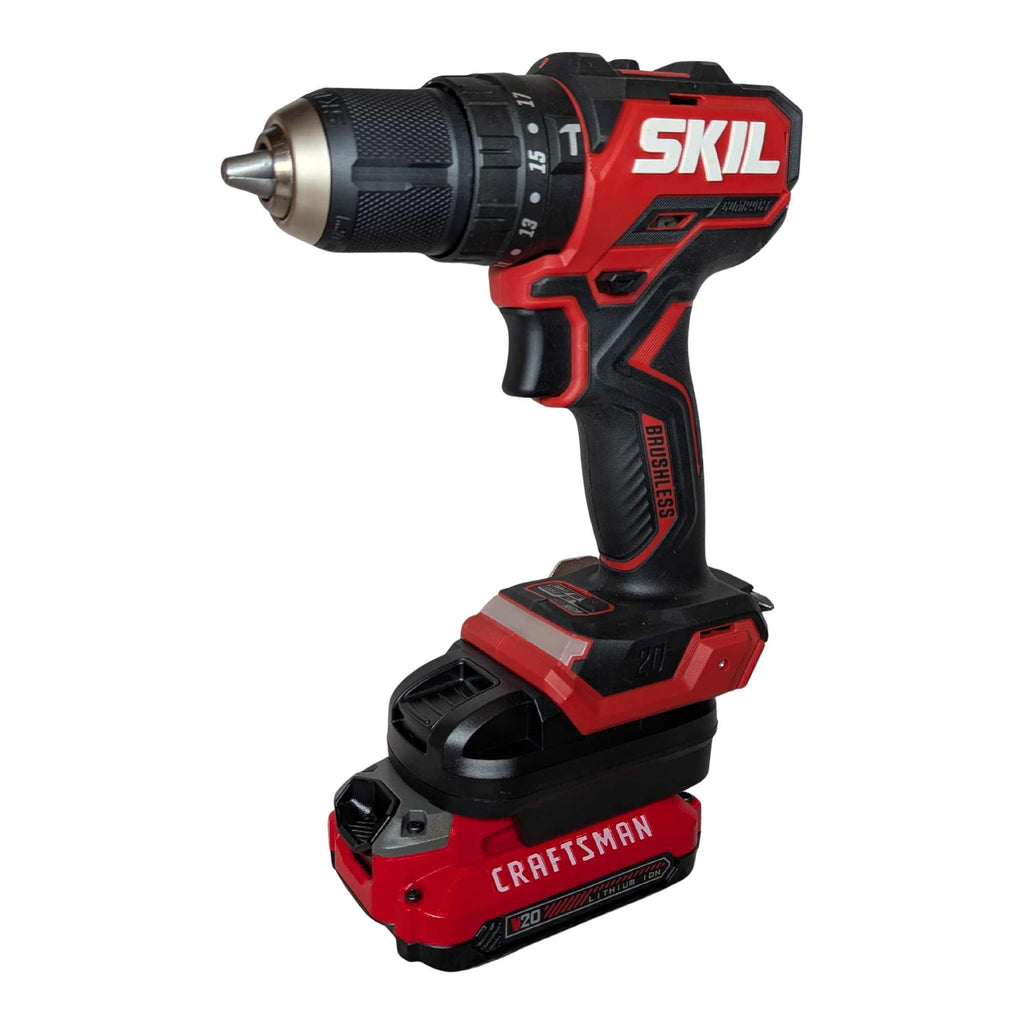 Craftsman 20V to SKIL 20V PWR CORE battery adapter - installed on a hammer drill, three-quarter front view