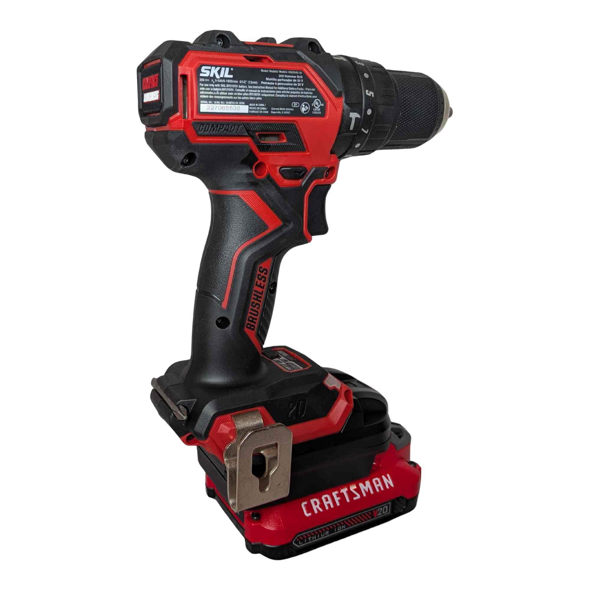 Craftsman 20V to SKIL 20V PWR CORE battery adapter - installed on a hammer drill, three-quarter rear view, battery pack below
