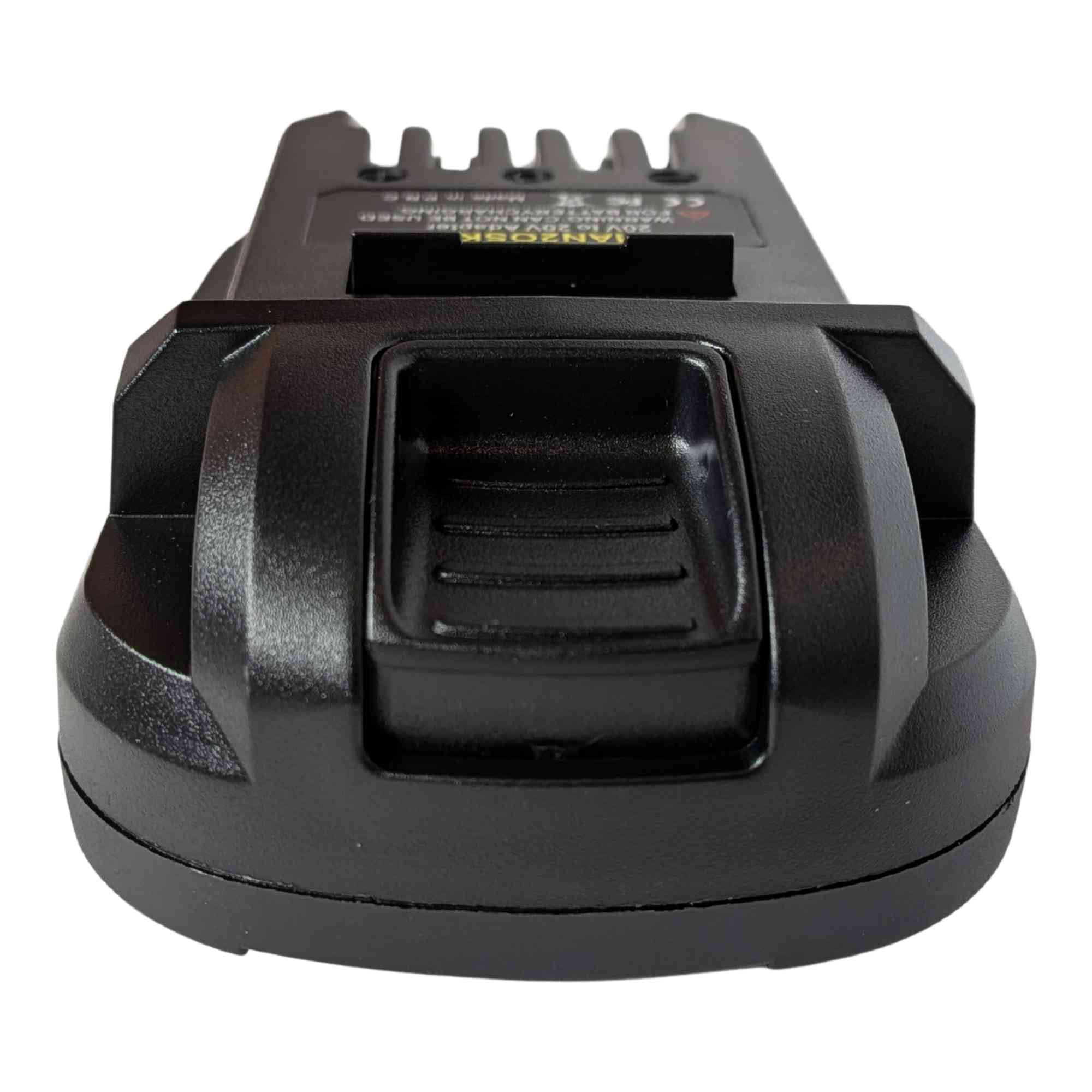 Craftsman 20V to SKIL 20V PWR CORE battery adapter - nose-on view of the ribbed release catch on the SKIL tool-side
