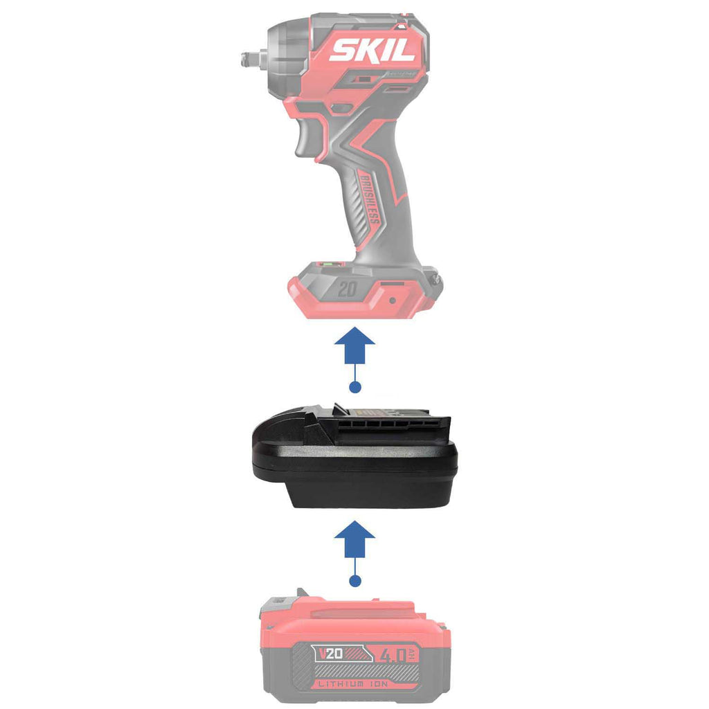 Craftsman 20V to SKIL 20V PWR CORE battery adapter - compatibility diagram showing battery, adapter and impact wrench