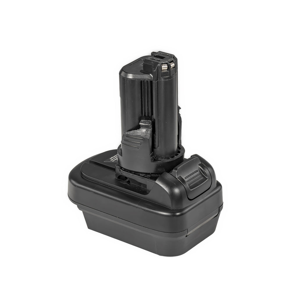 DeWalt 20V MAX to Dremel 12V 8220/8250 battery adapter - tool-side stem above the body, ribbed release catch at the side