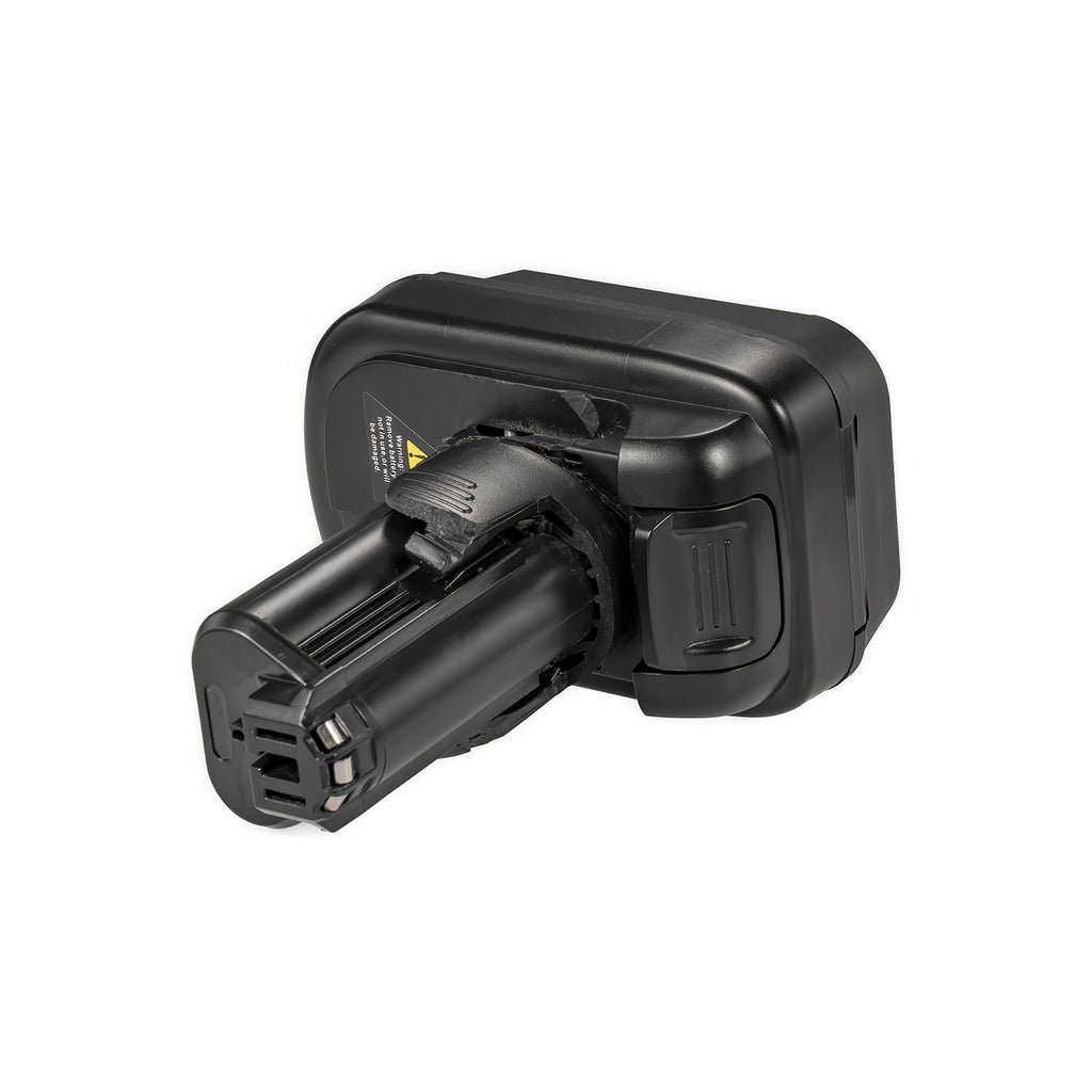 DeWalt 20V MAX to Dremel 12V 8220/8250 battery adapter - tool-side connector head end-on, terminal blades and keyed slots