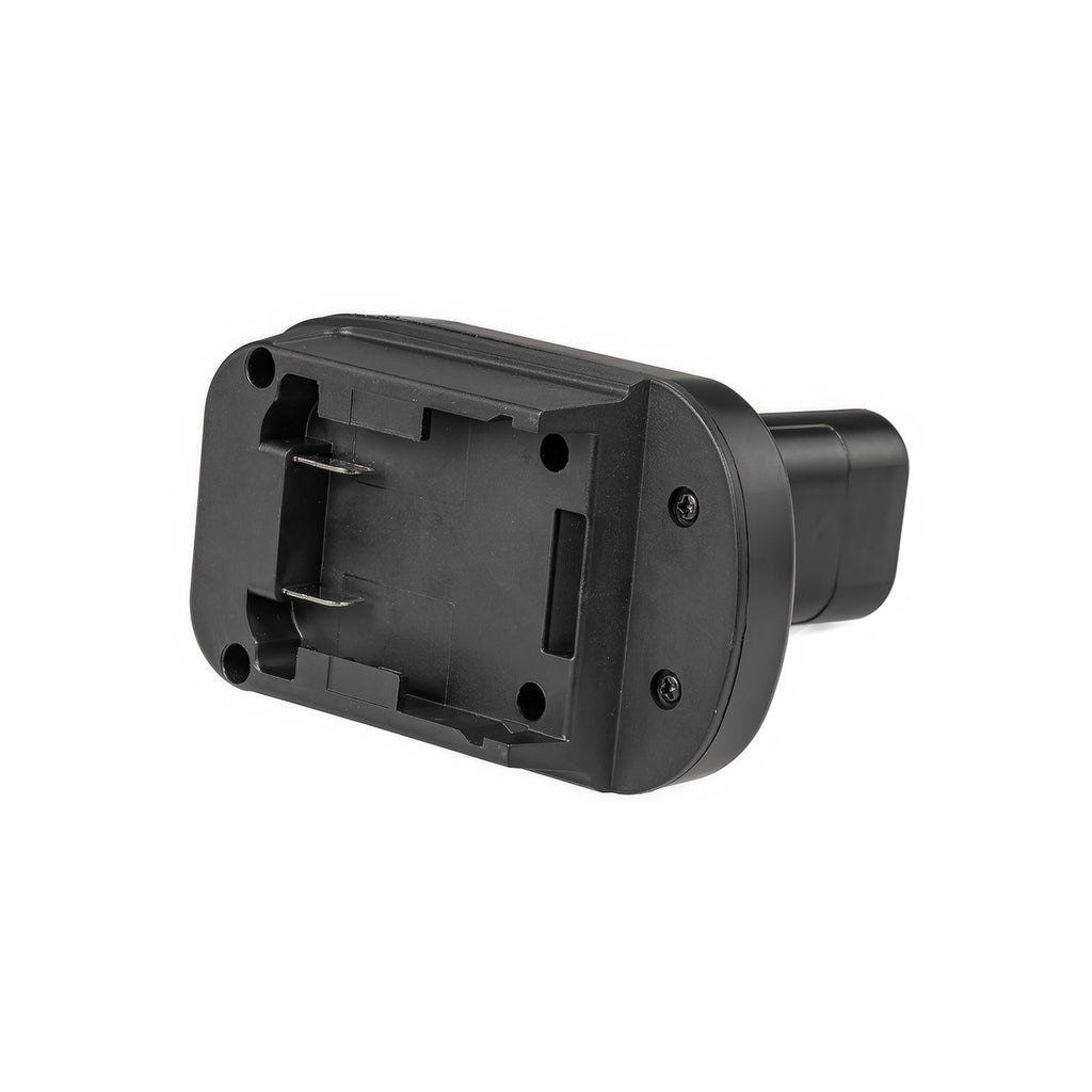 DeWalt 20V MAX to Dremel 12V 8220/8250 battery adapter - battery-side connection face-on, twin terminal blades and screws