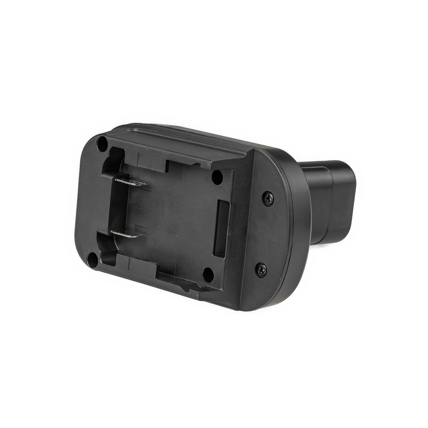 DeWalt 20V MAX to Dremel 12V 8220/8250 battery adapter - battery-side connection face-on, twin terminal blades and screws