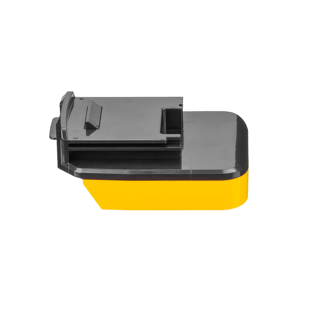 DeWalt 20V MAX to Porter Cable 18V Ni-Cd battery adapter - side view, black tool-side rail face above the yellow shell