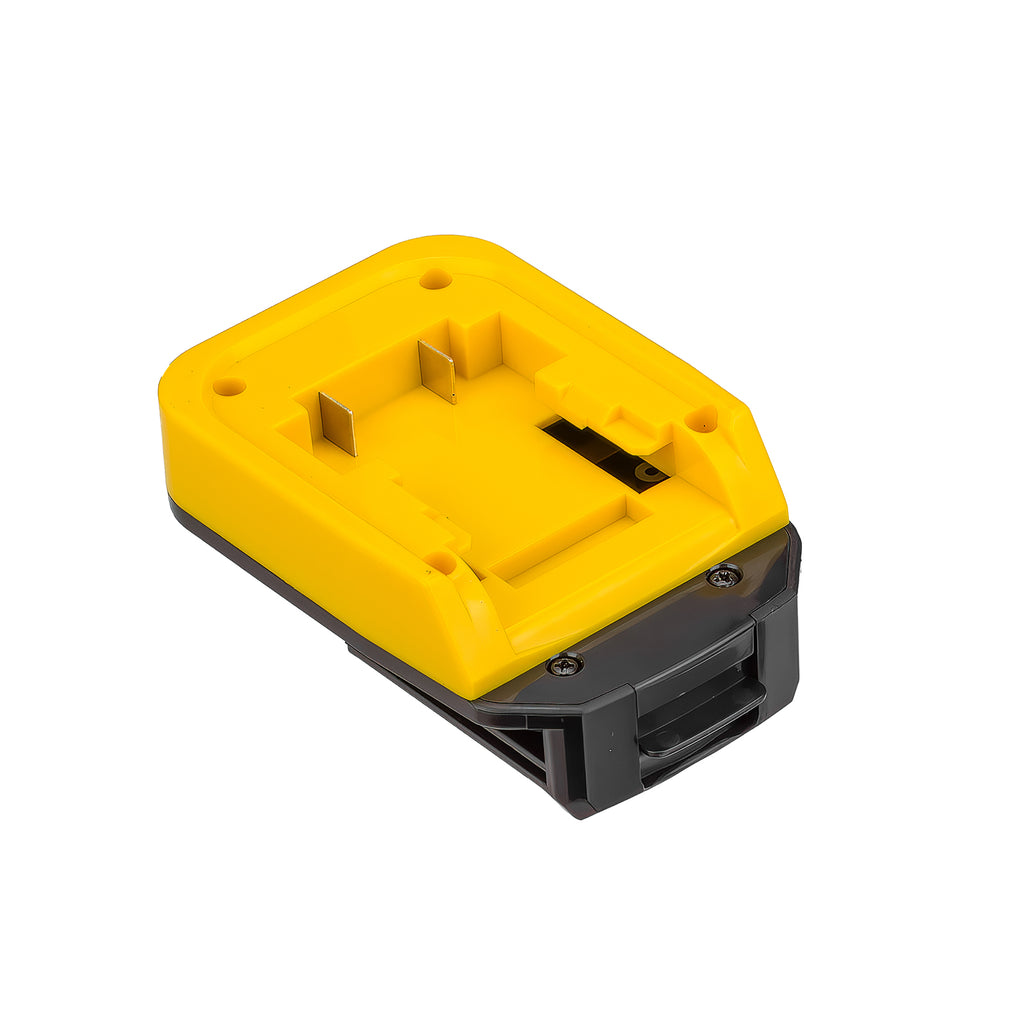 DeWalt 20V MAX to Porter Cable 18V Ni-Cd battery adapter - battery-side pocket in the yellow shell, twin terminal blades