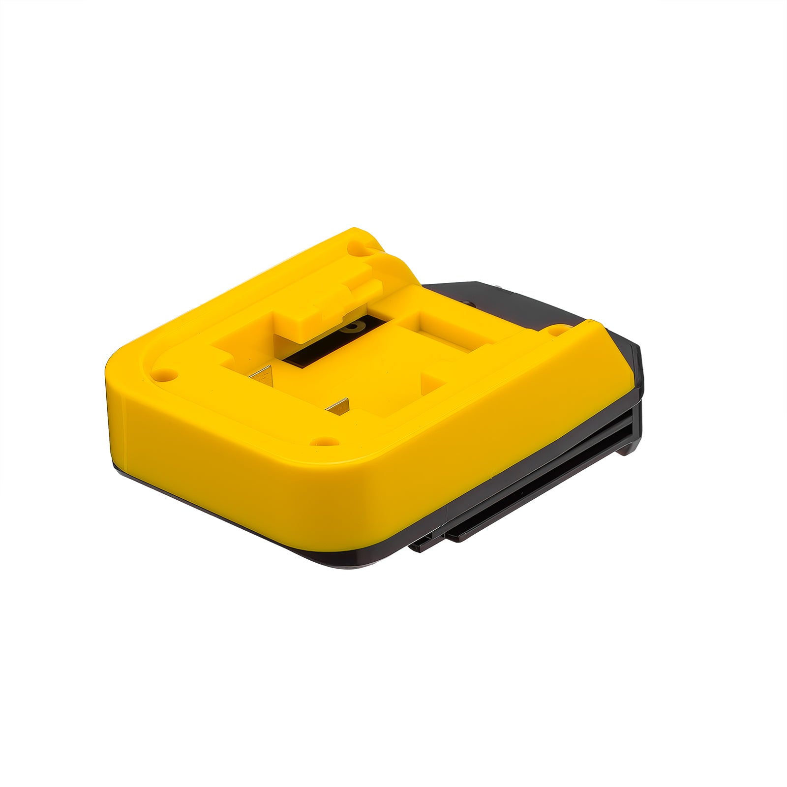 DeWalt 20V MAX to Porter Cable 18V Ni-Cd battery adapter - battery-side pocket in the yellow shell, black body behind