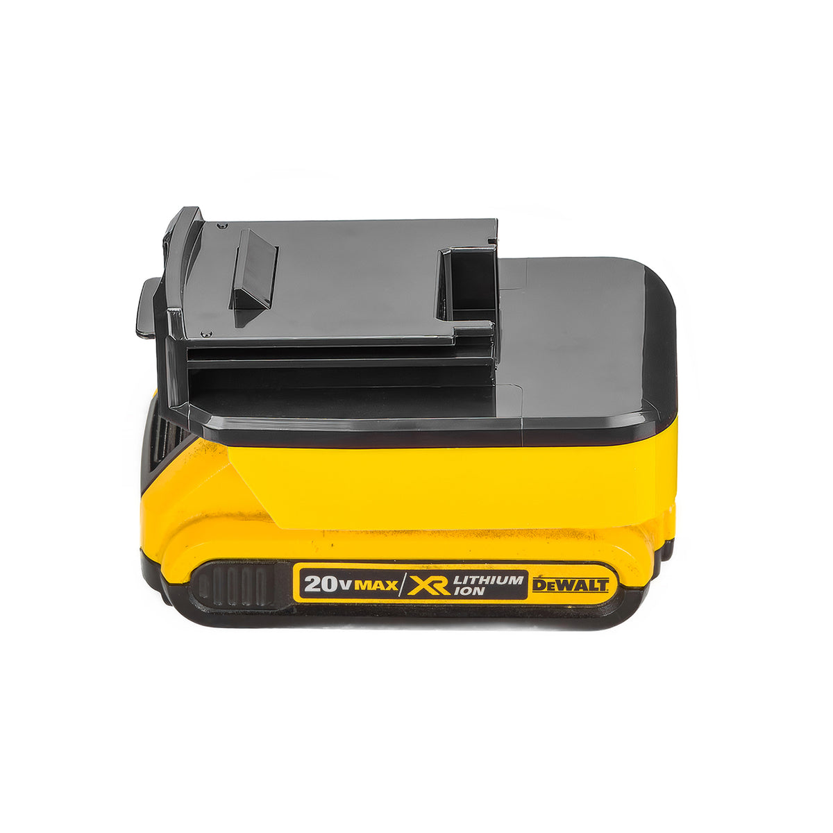 DeWalt 20V MAX to Porter Cable 18V Ni-Cd battery adapter - fitted to the DeWalt 20V MAX battery, tool-side rails upward