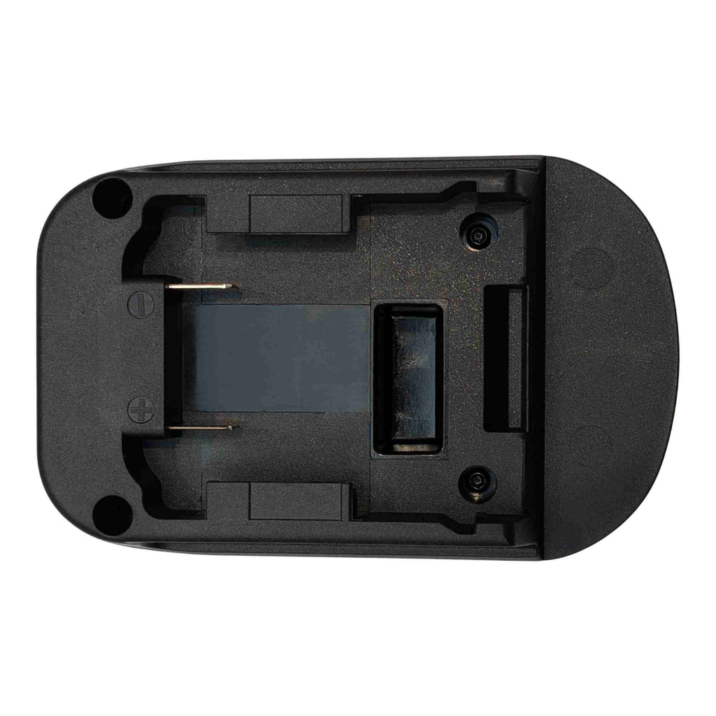 DeWalt 20V MAX to Bosch 18V GBA (Blue) battery adapter - plan view of the battery-side connection with polarity marks