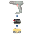 DeWalt 20V MAX to Bosch 18V PBA (Green) battery adapter - compatibility diagram showing battery, adapter and drill driver