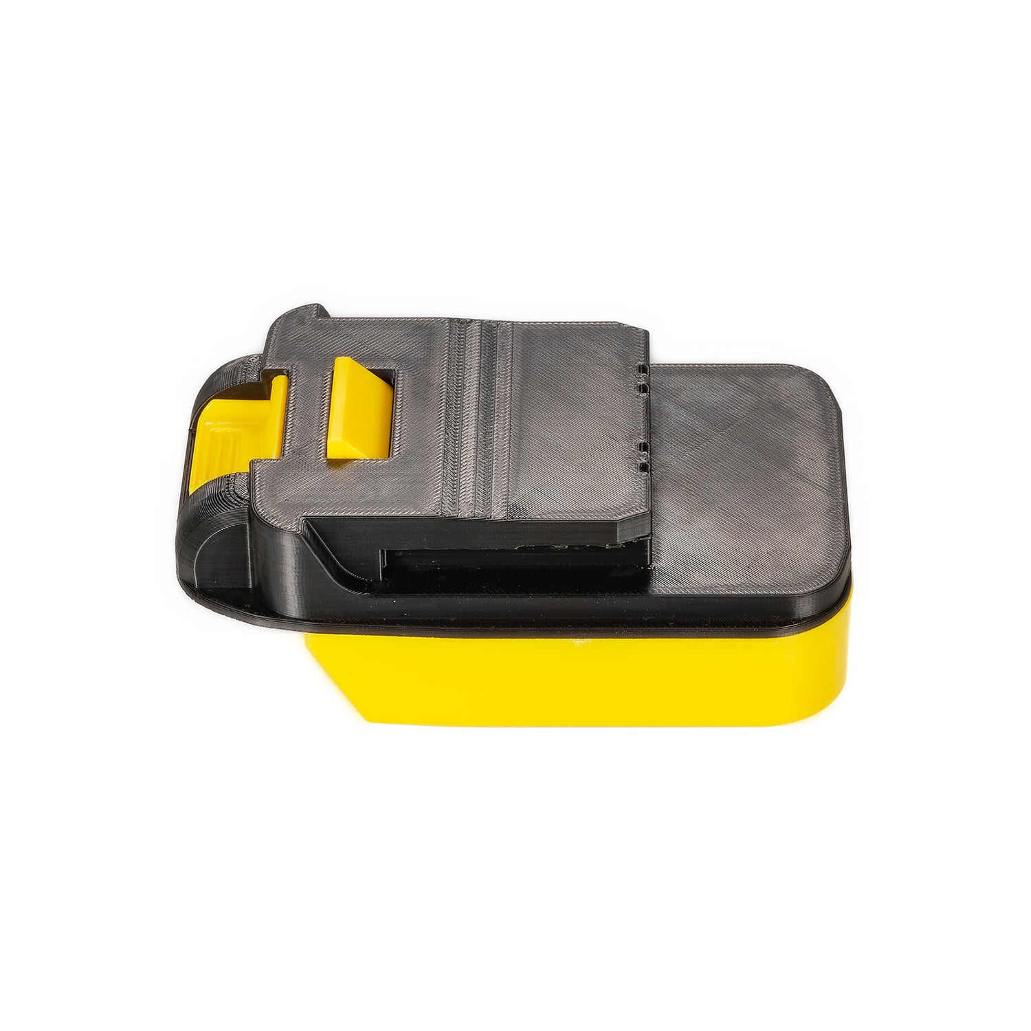 DeWalt 20V MAX to Chicago Electric 18V battery adapter - tool-side connection, black panel with slot opening and yellow rail