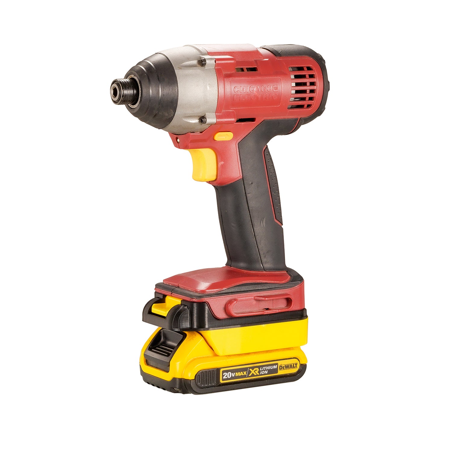 DeWalt 20V MAX to Chicago Electric 18V battery adapter - installed on a Chicago Electric impact driver, fitted to the battery