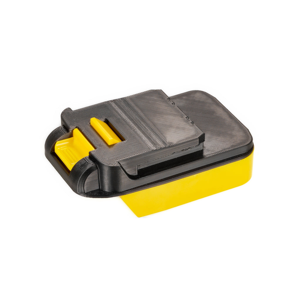 DeWalt 20V MAX to Chicago Electric 18V battery adapter - tool-side connection, black panel with the yellow release button