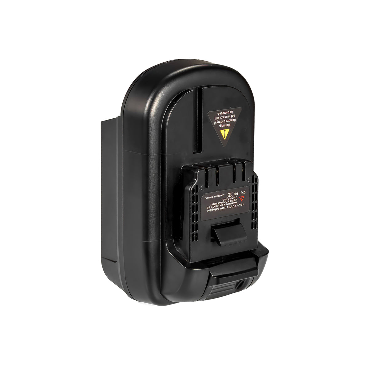 DeWalt 20V MAX to DeWalt 12V MAX battery adapter - 12V MAX tool-side connection, latch tab, terminal slots and printed label