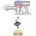 DeWalt 20V MAX to Dyson V7 battery adapter - compatibility diagram showing battery, adapter and cordless stick vacuum