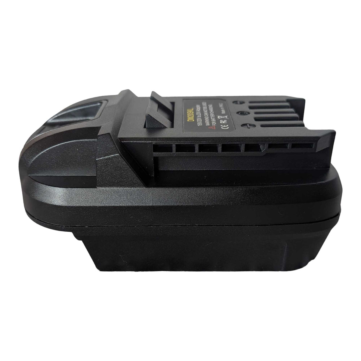 DeWalt 20V MAX to SKIL 20V PWR CORE battery adapter - side view showing both connections, slots along the SKIL tool-side rail